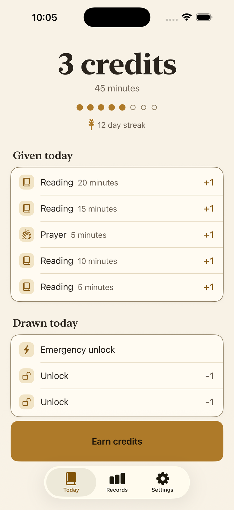 The Today screen: 3 credits, 45 minutes, five of eight dots filled, a 12 day streak, and the day's reading and prayer entries.